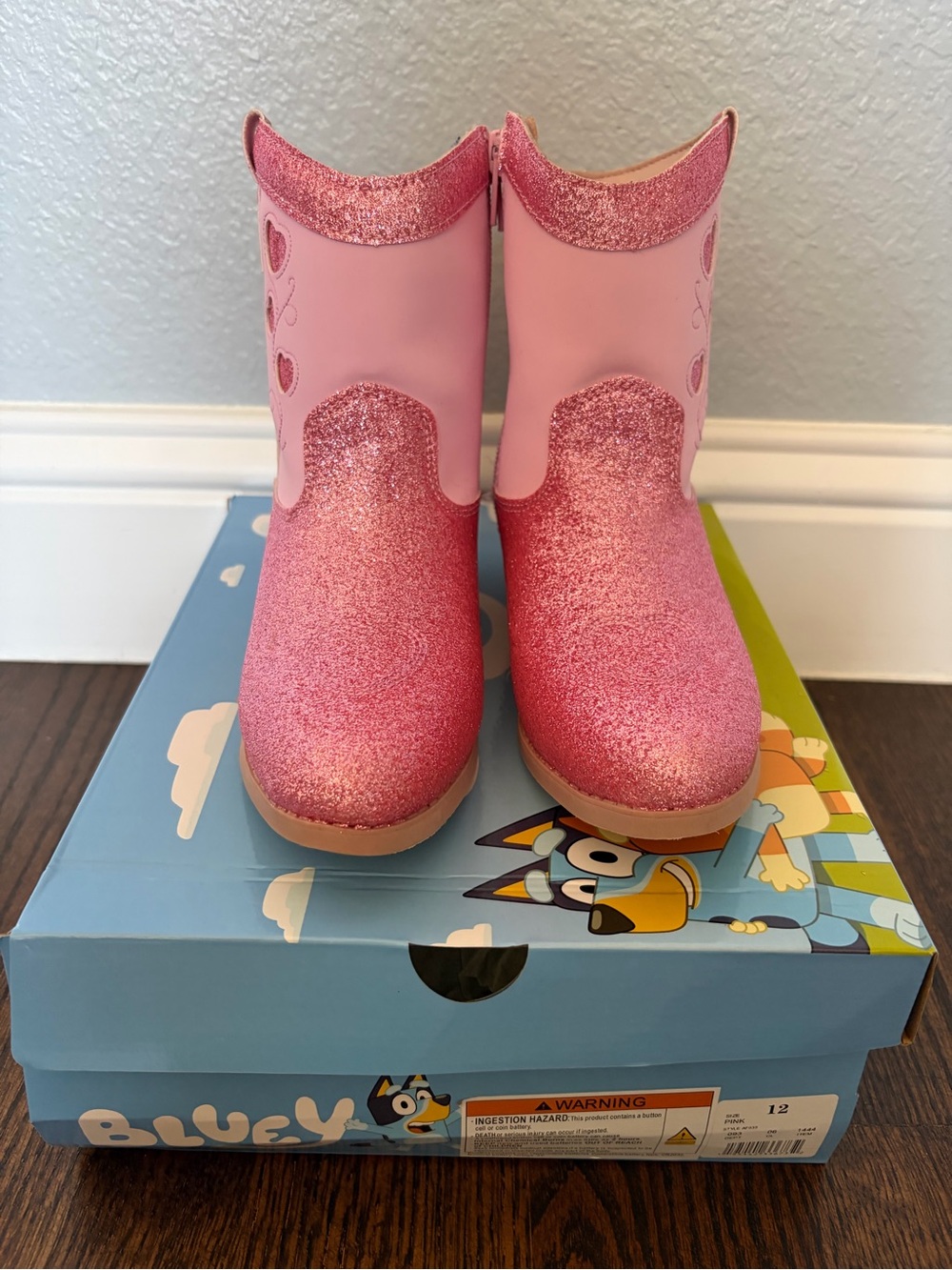 Girls Pink Glitter Heart Accent Bluey Cowboy Boots